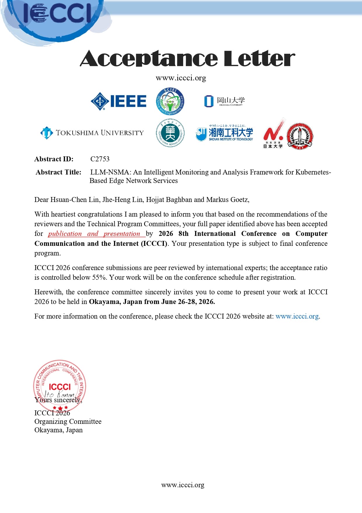ICCCI 2026 acceptance letter document